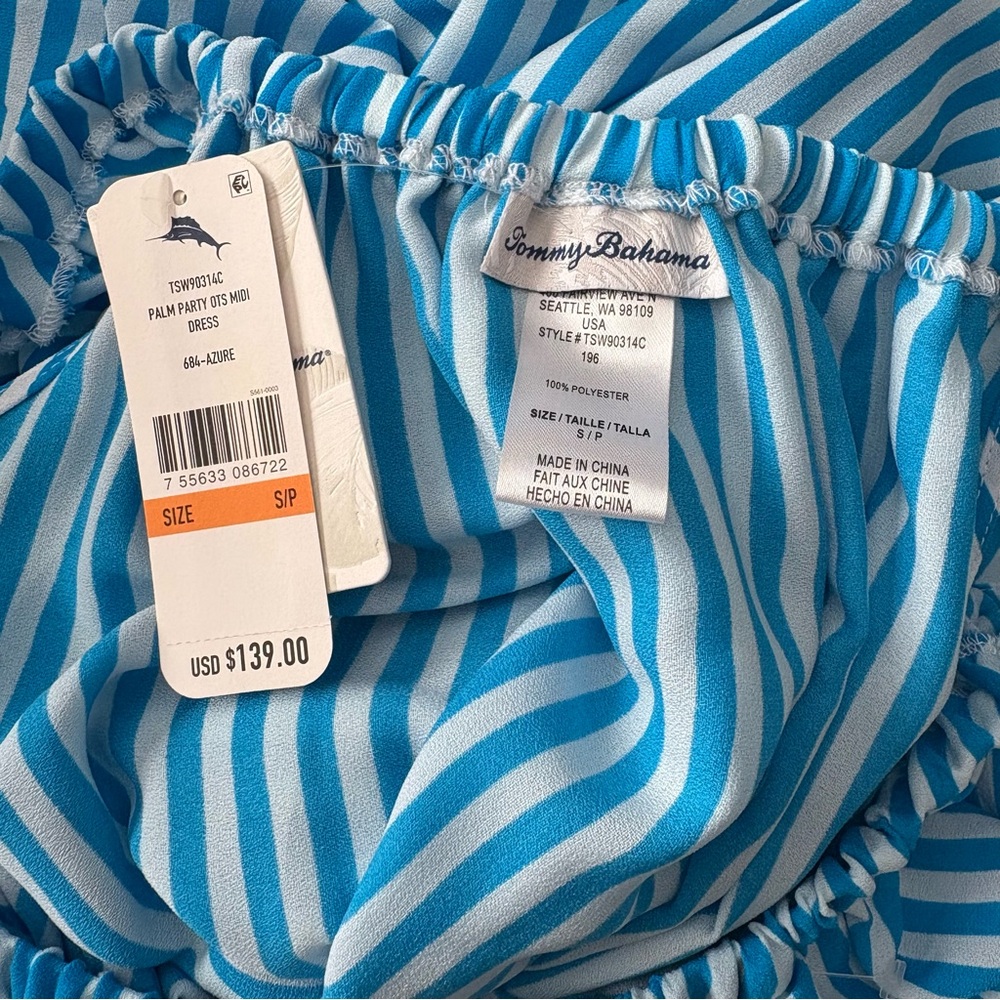 TOMMY BAHAMA NWT Palm Party Stiped Off the Shoulder Ruffle Midi Dress Size Small - Picture 11 of 11